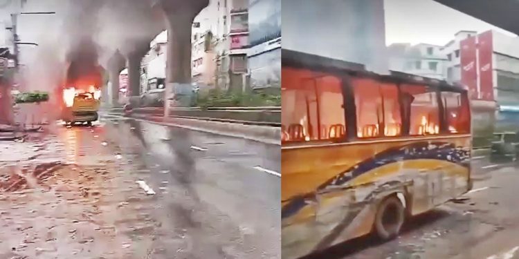 মিরপুরে বাস থেকে যাত্রী নামিয়ে বাসে আগুন