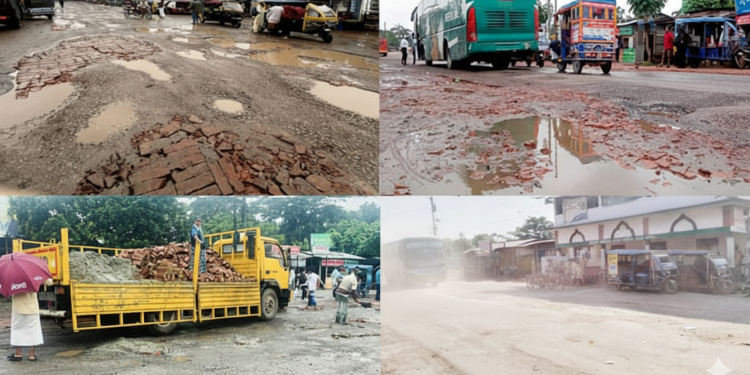ধুলাবালিতে দূর্ভোগে মানুষ, ইটের সুরকি আর বালু দিয়ে মহাসড়ক সংস্কার